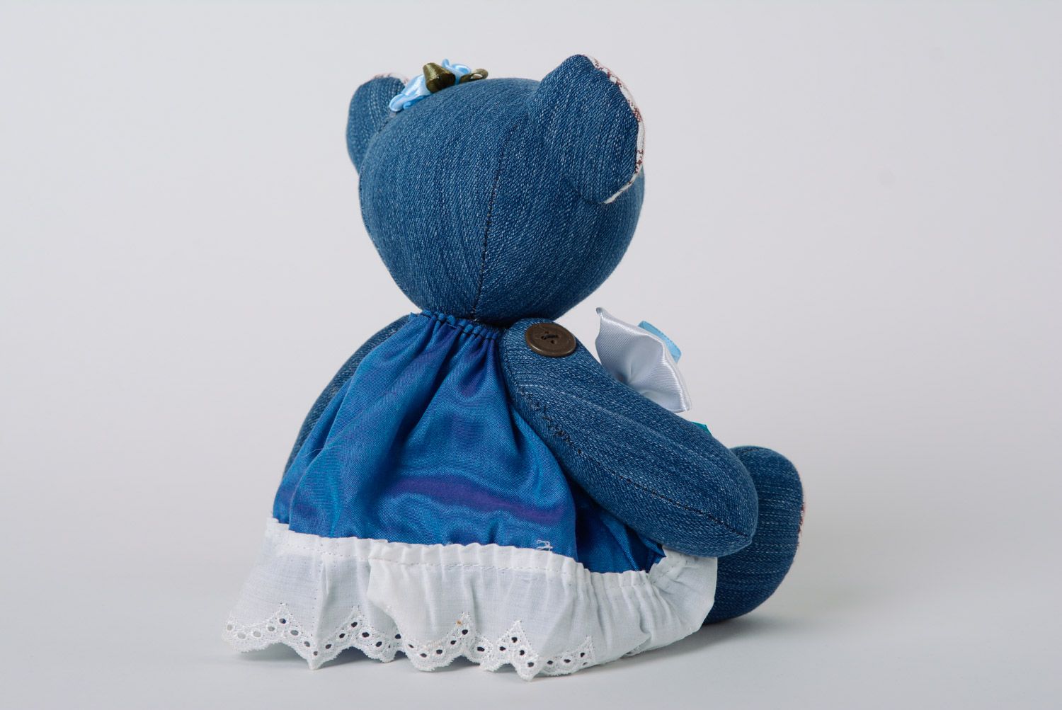 Beautiful handmade designer denim fabric soft toy bear of blue color photo 4