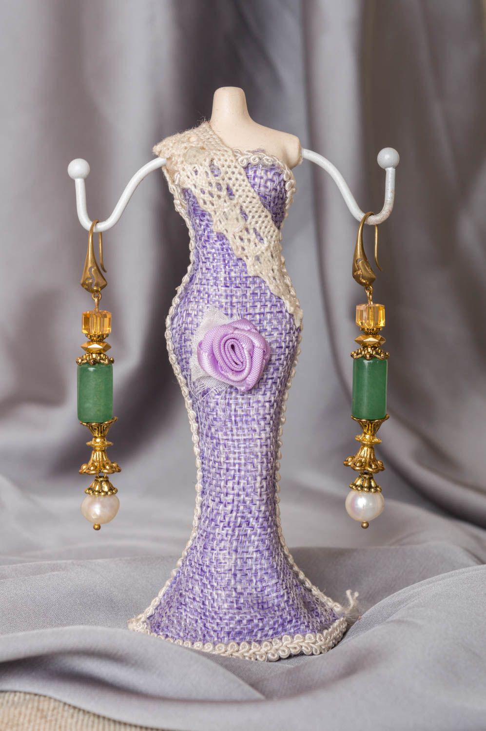 Beautiful long handmade designer metal earrings with aventurine and pearls photo 1