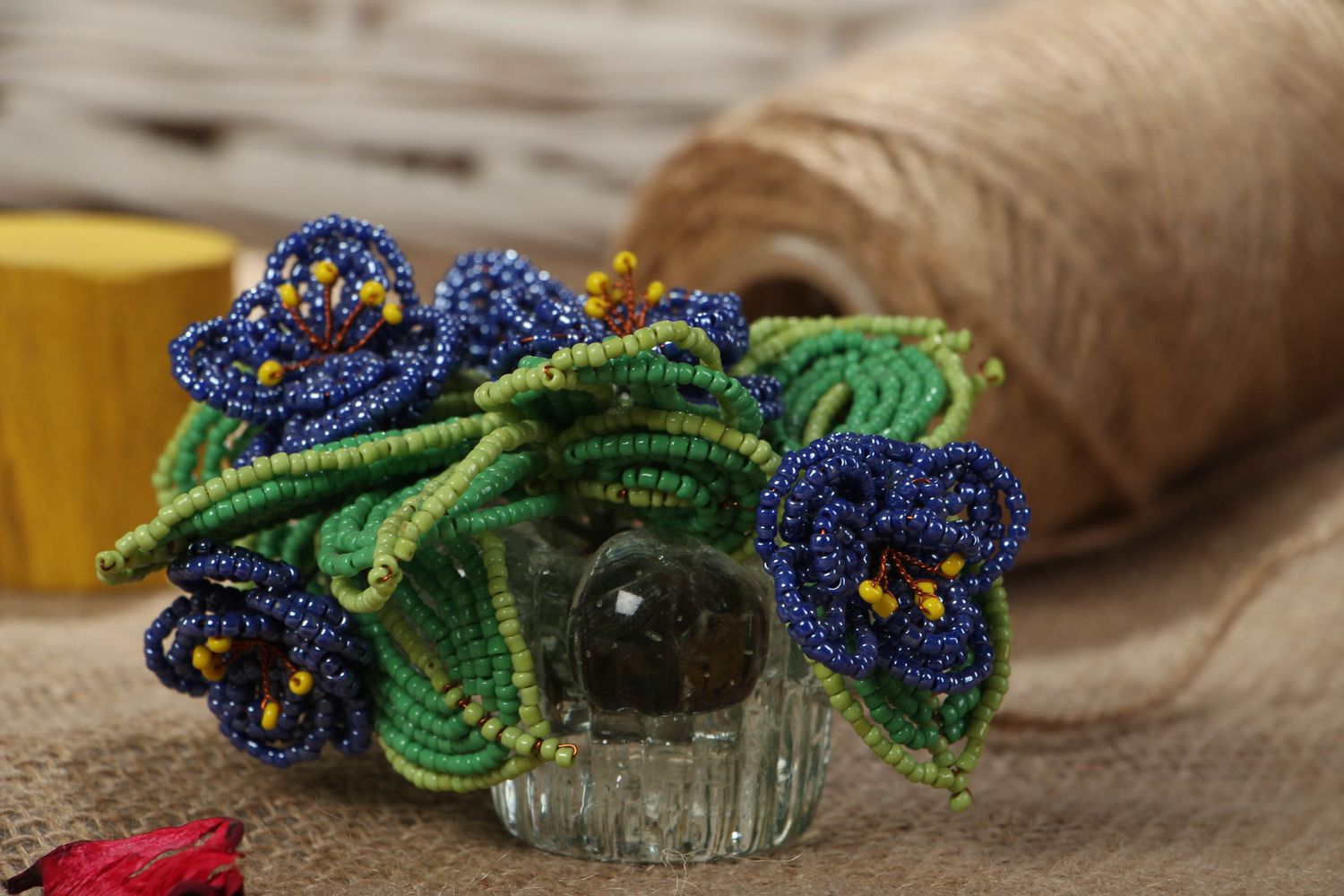 Handmade glass basket with beaded flowers Violets photo 5