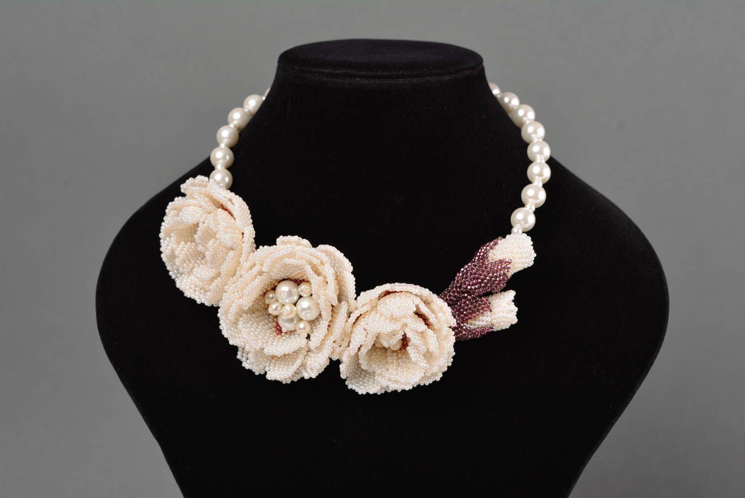 Beautiful female handmade white necklace of beads and ceramic pearls  photo 2