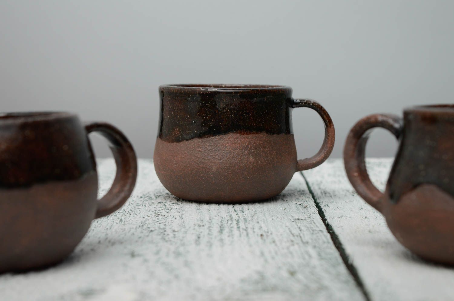 Set of three handmade ceramic 5 oz cups in Chocolate color glazed inside photo 4