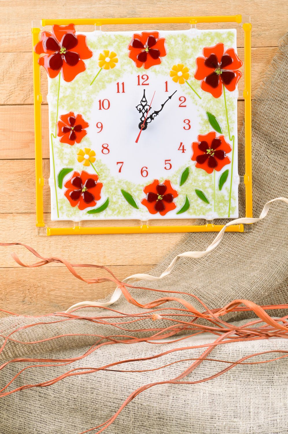 Handmade colorful square fusing glass wall clock with floral ornament  photo 1