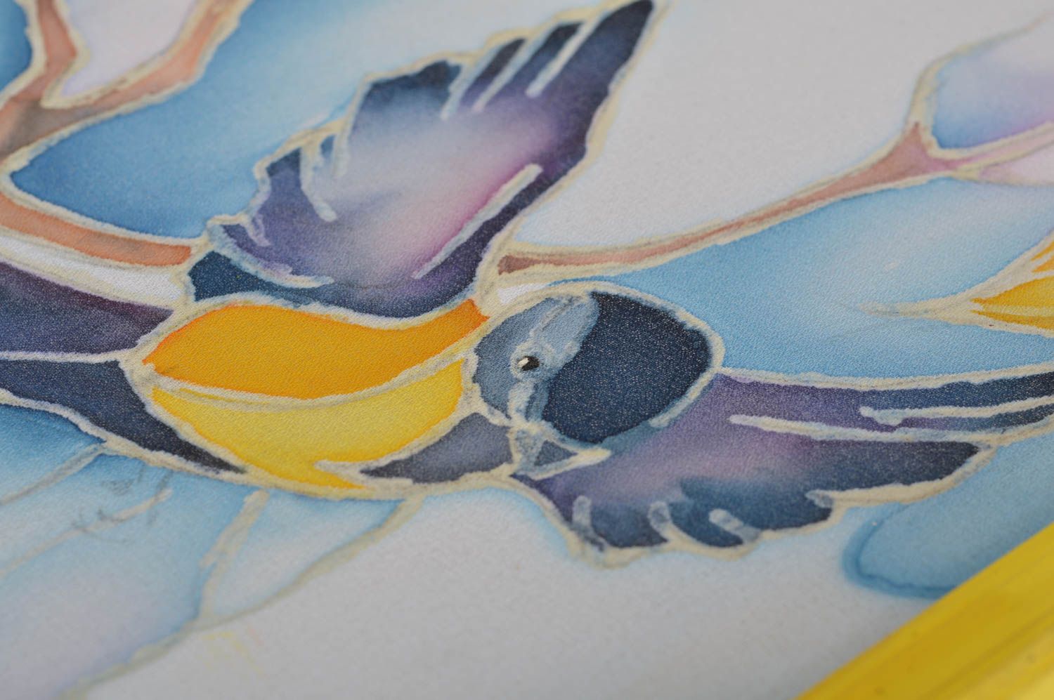 Tableau fait main triptyque original batik à froid cadre jaune Oiseaux d'hiver photo 3