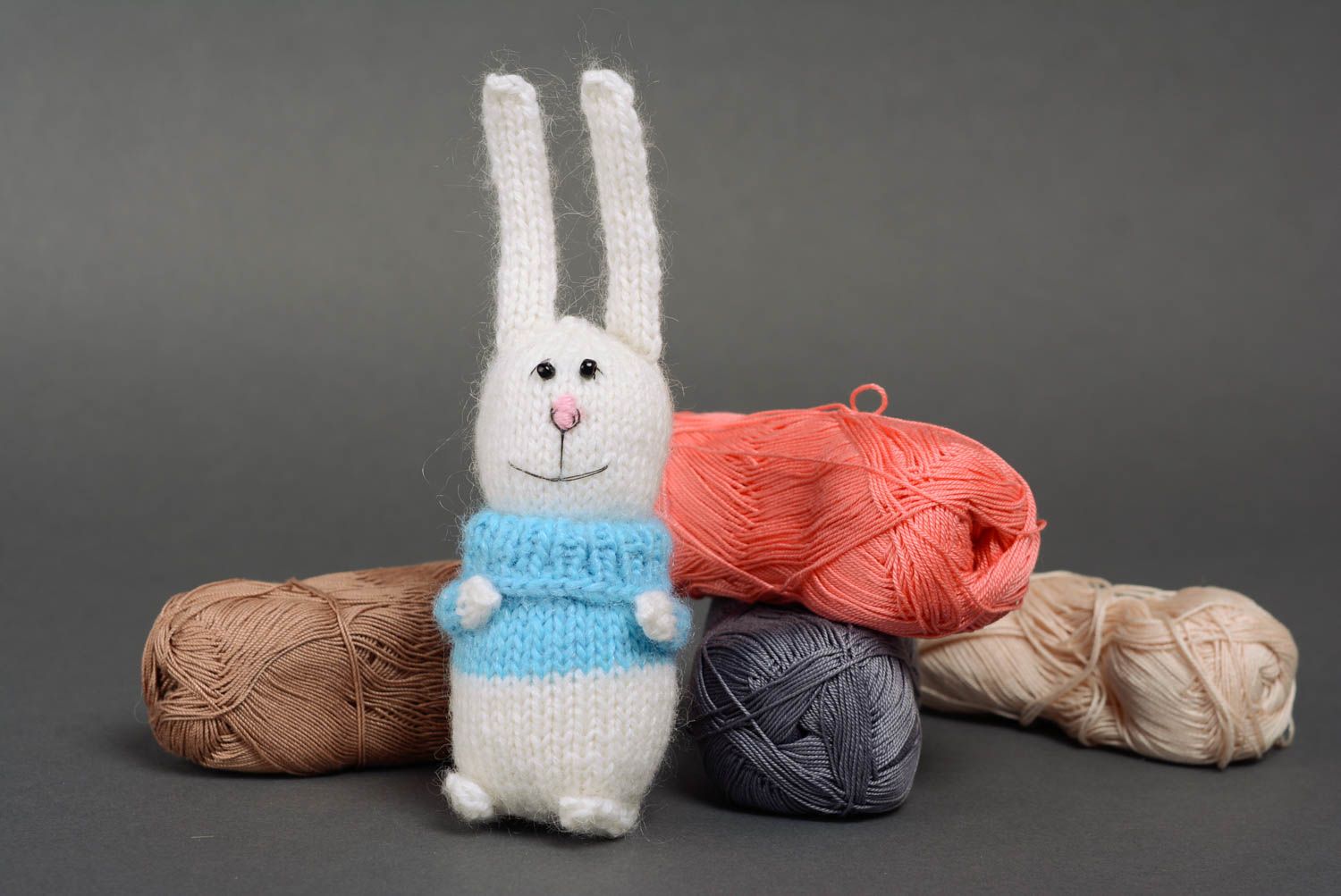 Handmade designer acrylic and wool knitted soft toy hare for children photo 4