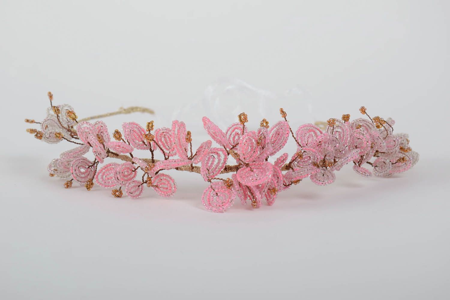 Handmade decorative thin headband with tender pink beaded flowers with ribbon photo 2