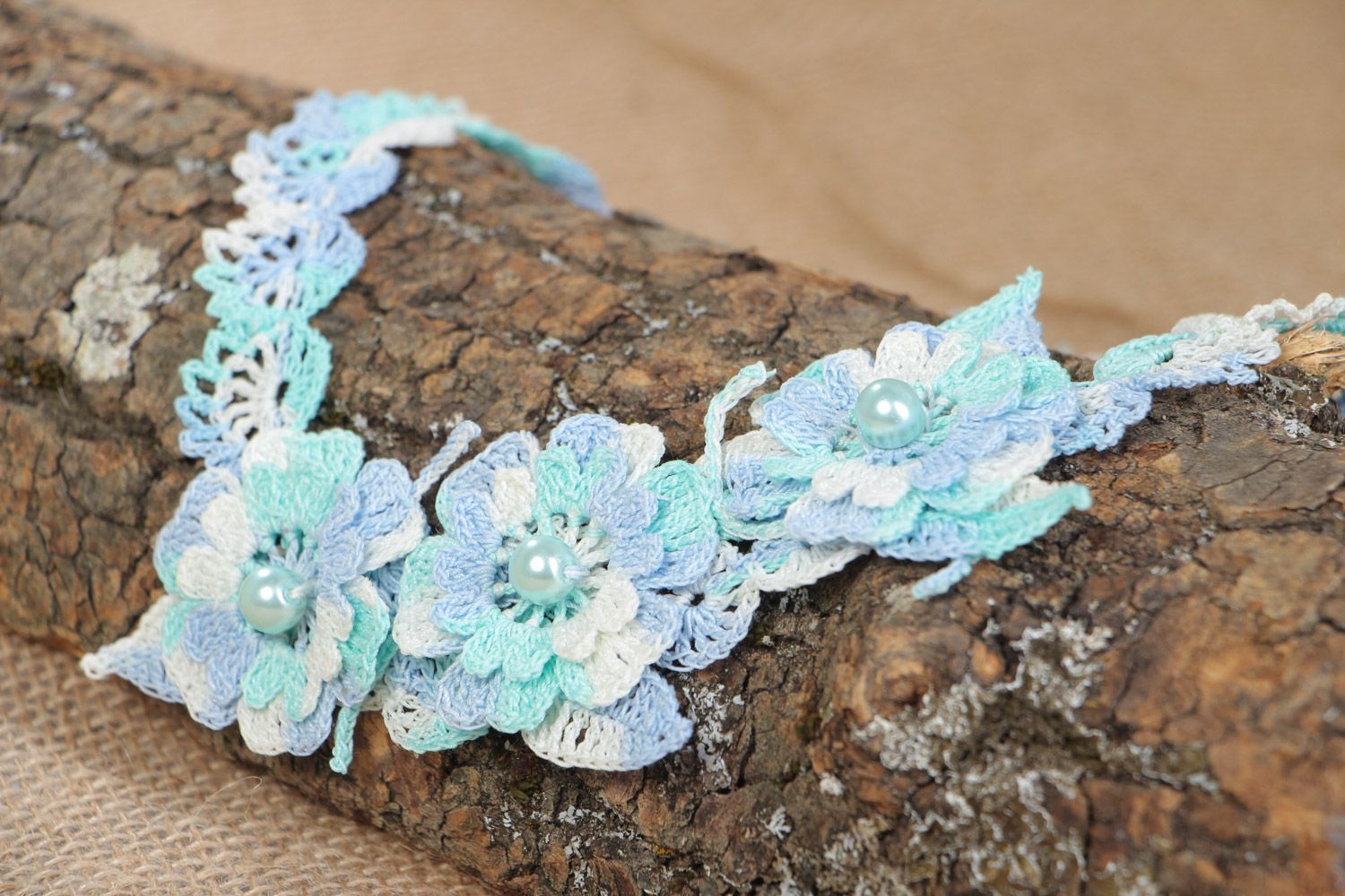Handmade tender floral necklace crocheted of blue cotton threads with beads photo 1
