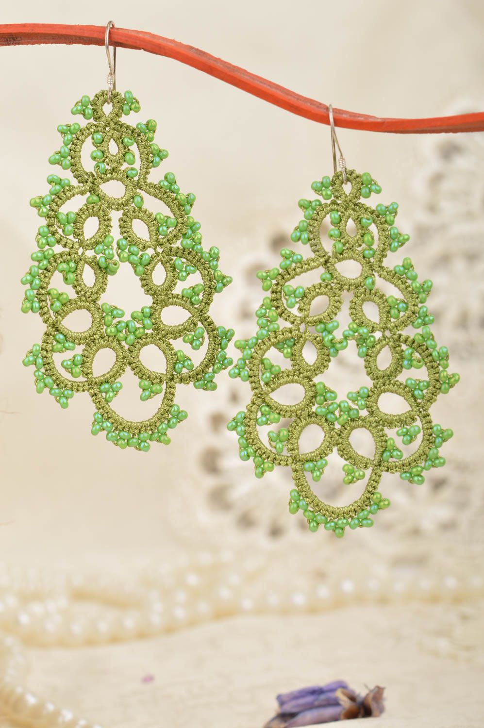 Gentle green handmade tatting lace earrings with beads designer jewelry photo 1