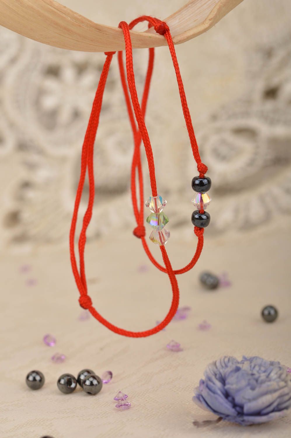 Set of 2 handmade designer red woven friendship bracelets with beads photo 1