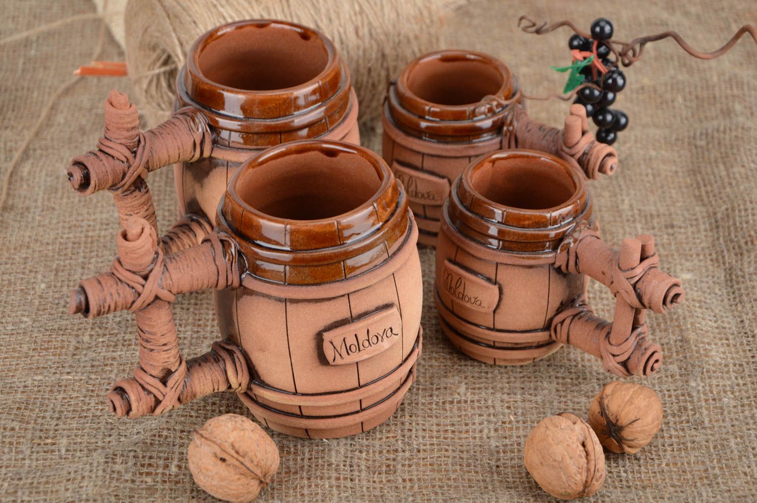 Set of ceramic glazed drinking mugs - two 5 oz ones and two small 3 oz mugs photo 1