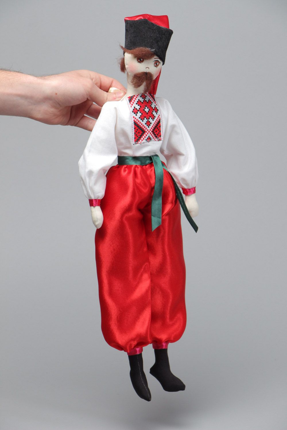 Handmade designer collectible soft doll sewn of fabric with painting Cossack photo 5