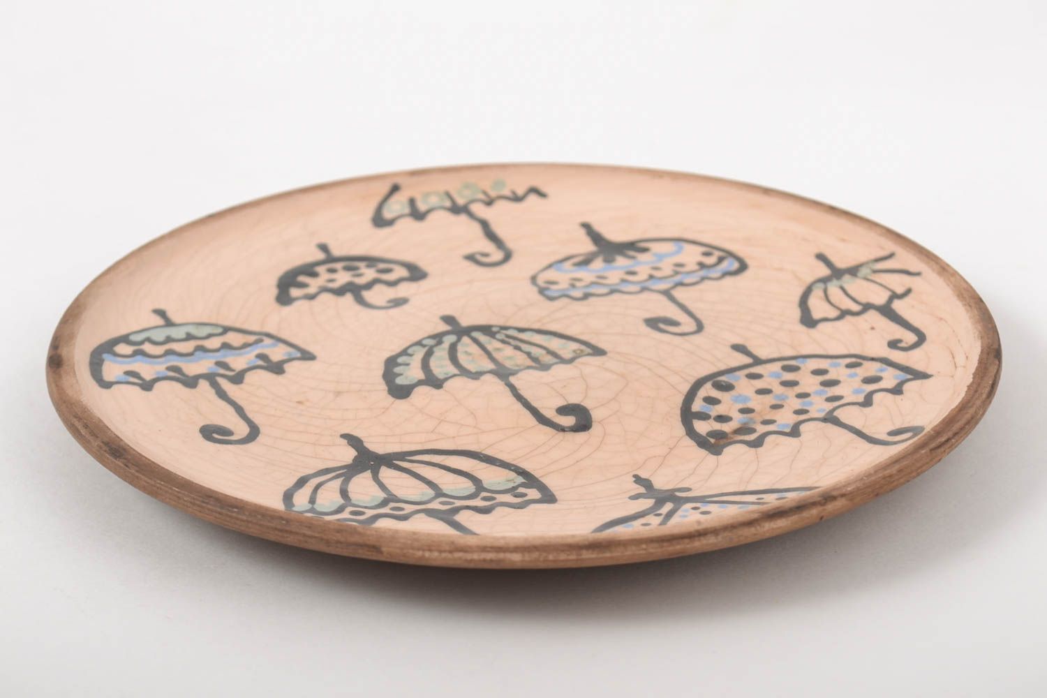 Керамическая тарелка ручной работы глиняная посуда расписная тарелка Зонтики фото 3