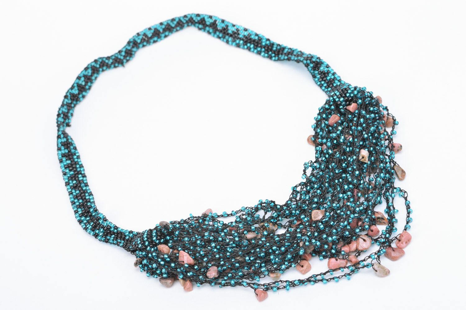 Festive multi-row black necklace woven of Czech and coral beads photo 2