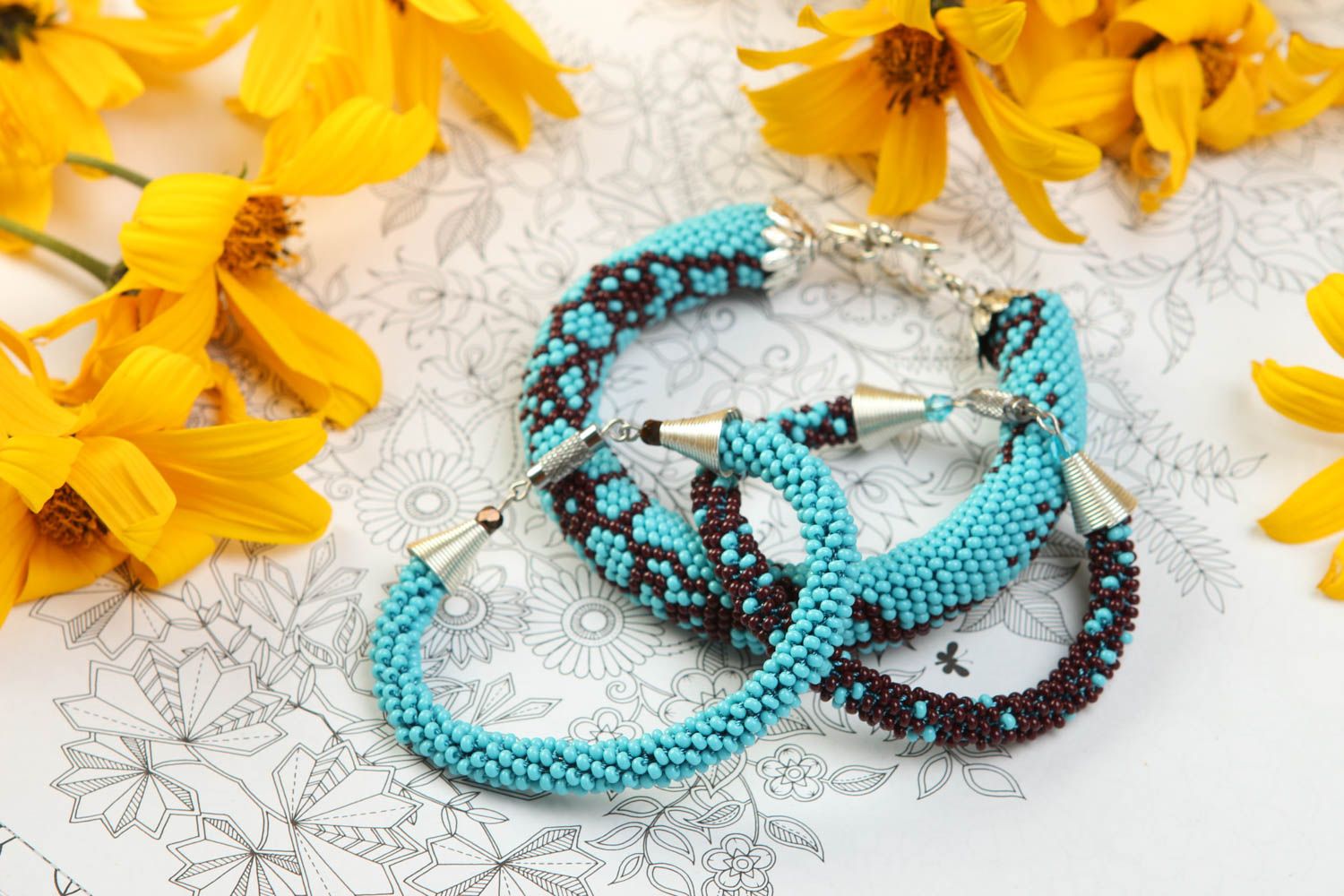 Set of three turquoise handmade beaded cord bracelet in three cord pieces for women photo 1