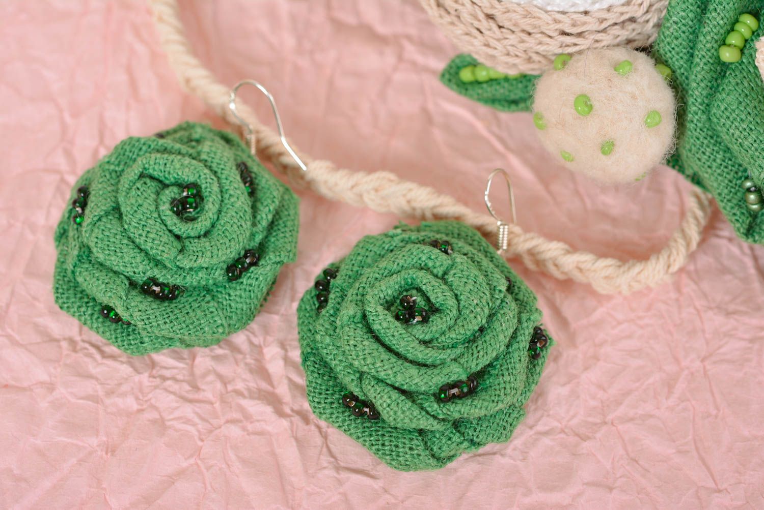 Schmuck Set handmade Schmuck Blumen Haarband und runde Ohrringe grün ausgefallen foto 2