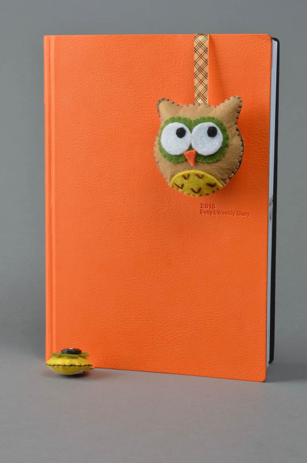 Brown handmade felt fabric soft bookmark in the shape of owl  photo 1