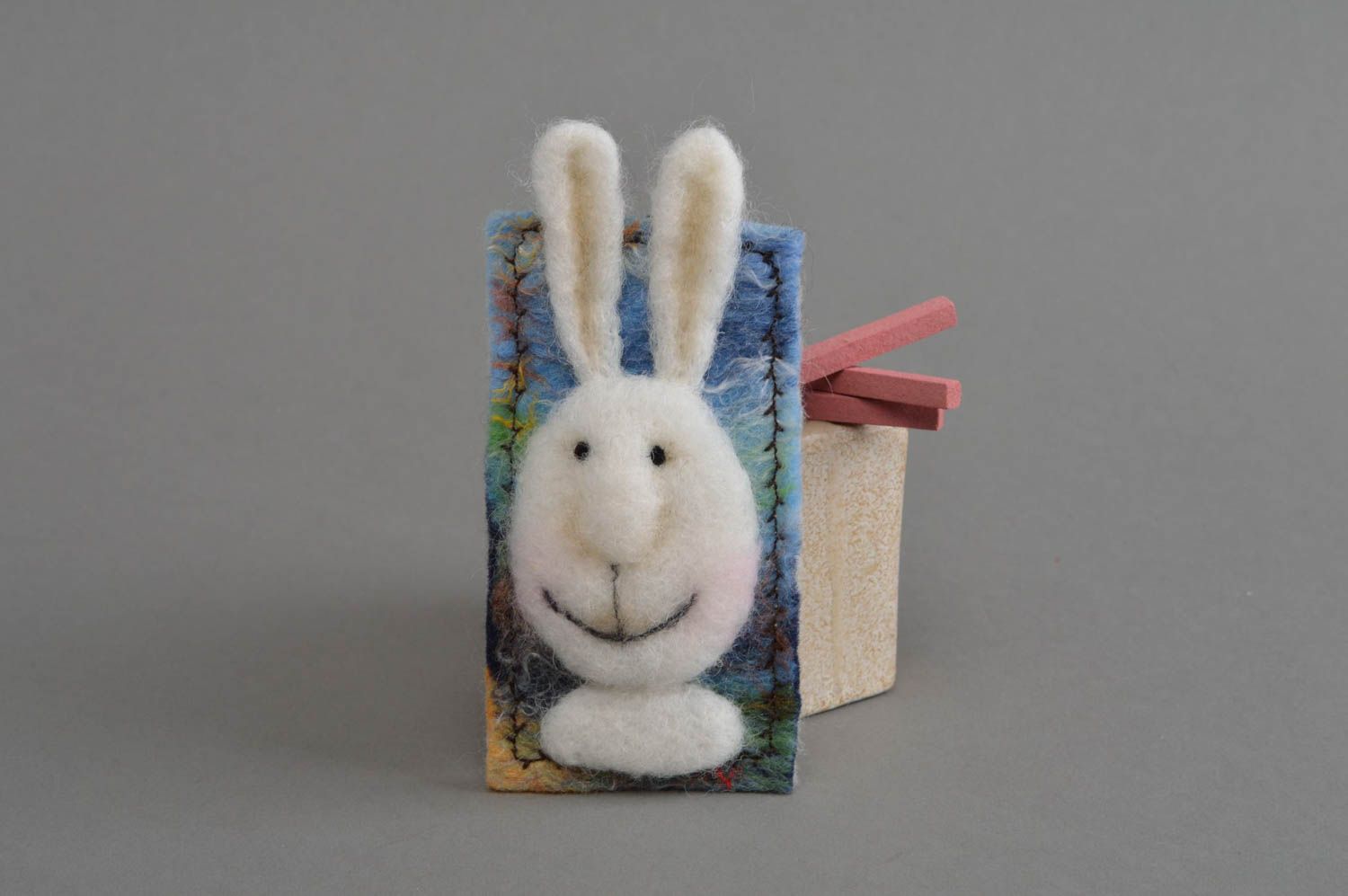 Wool felting fridge magnet with white bunny small beautiful handmade home decor photo 1