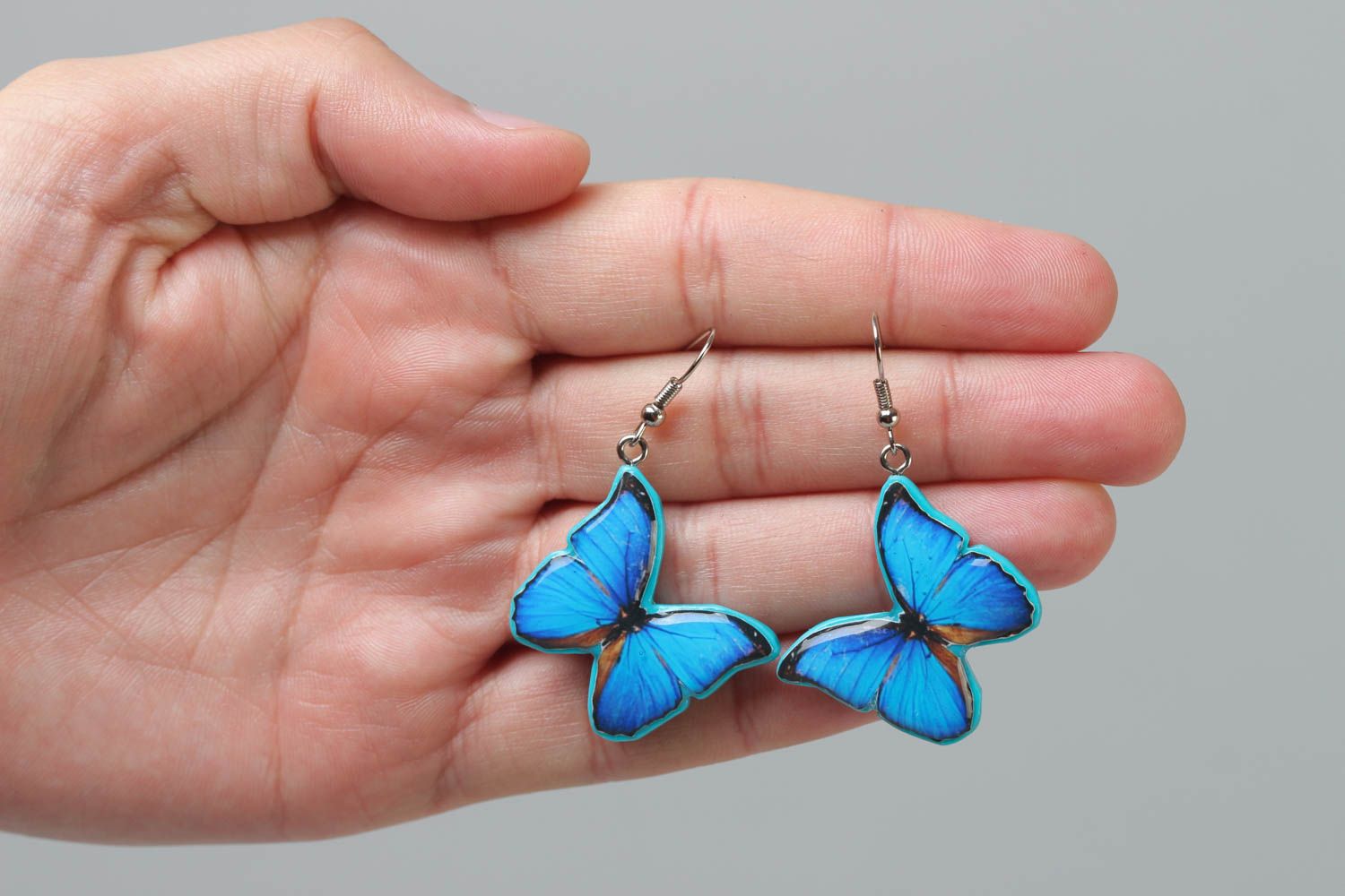 Designer handmade stylish glassy glaze earrings made of polymer clay Butterflies photo 5