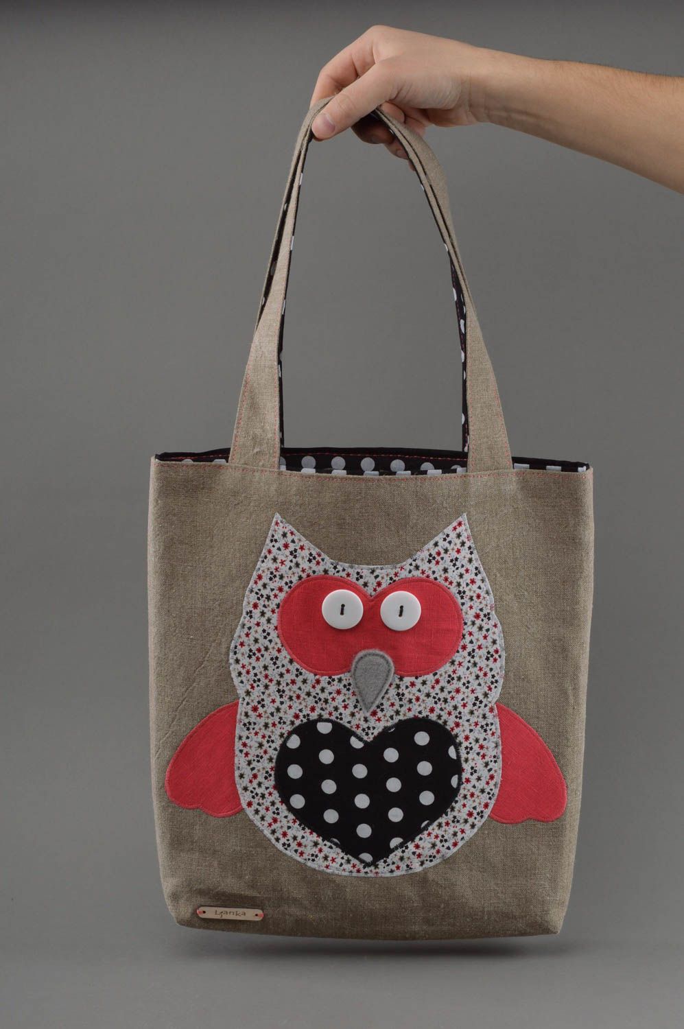 Gros sac à main gris en lin avec hibou multicolore fait main pour femme photo 4
