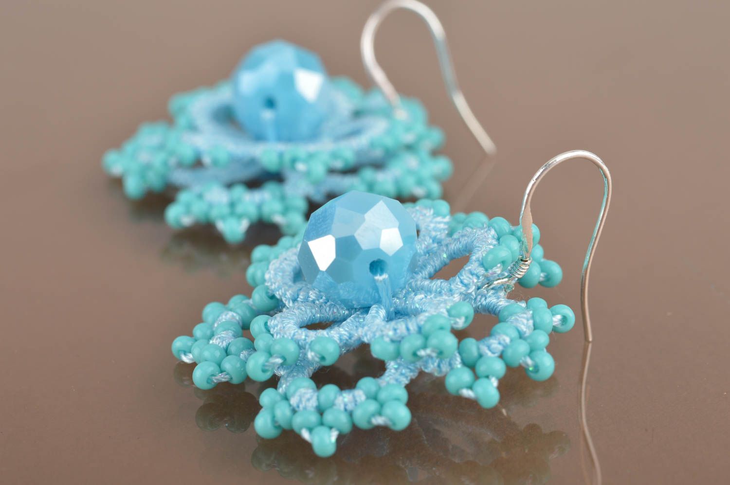 Beautiful unusual handmade tatting lace earrings with Czech beads Snowflakes photo 5