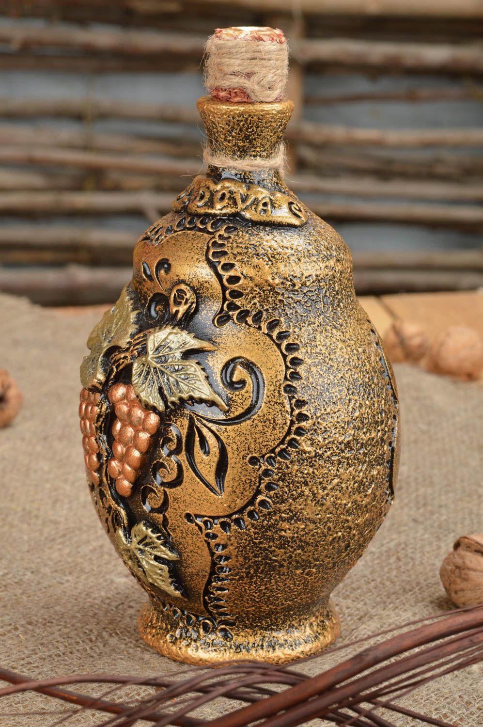 Handmade Ton Flasche Keramik Karaffe mit Bemalung für Wein 750 ml  foto 1