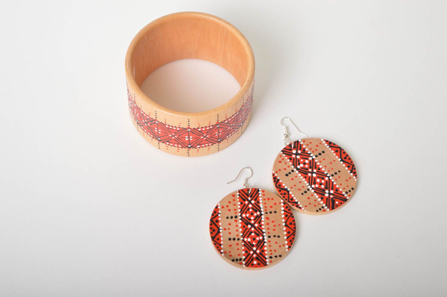 Деревянные украшения ручной работы модные серьги женский браслет расписные фото 2