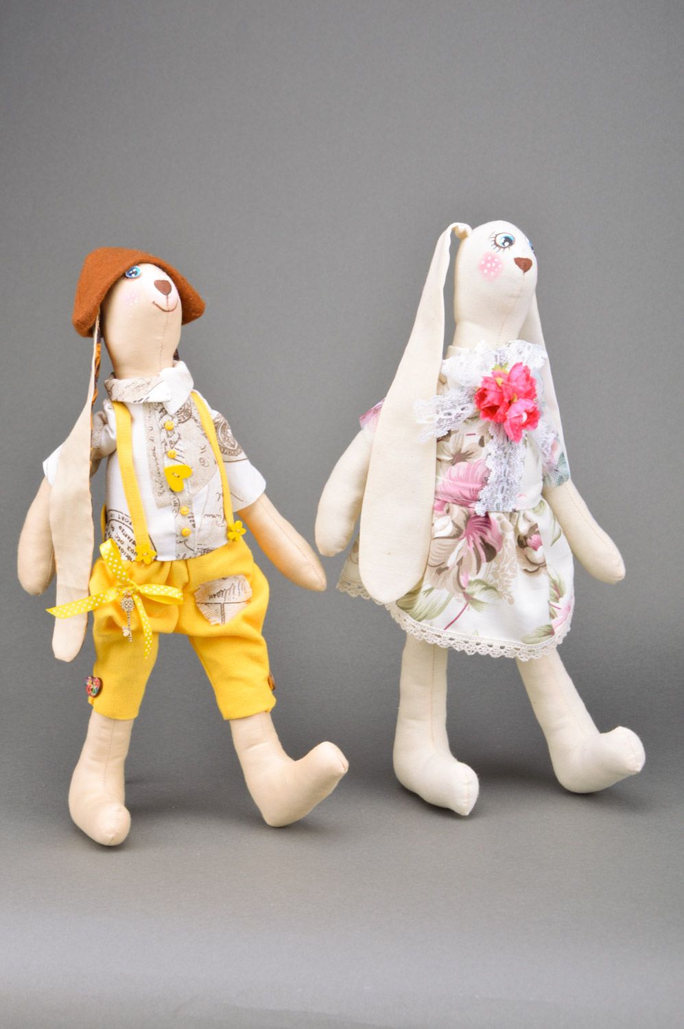Handmade designer soft toys girl and boy rabbits sewn of tapestry fabric 2 items photo 4