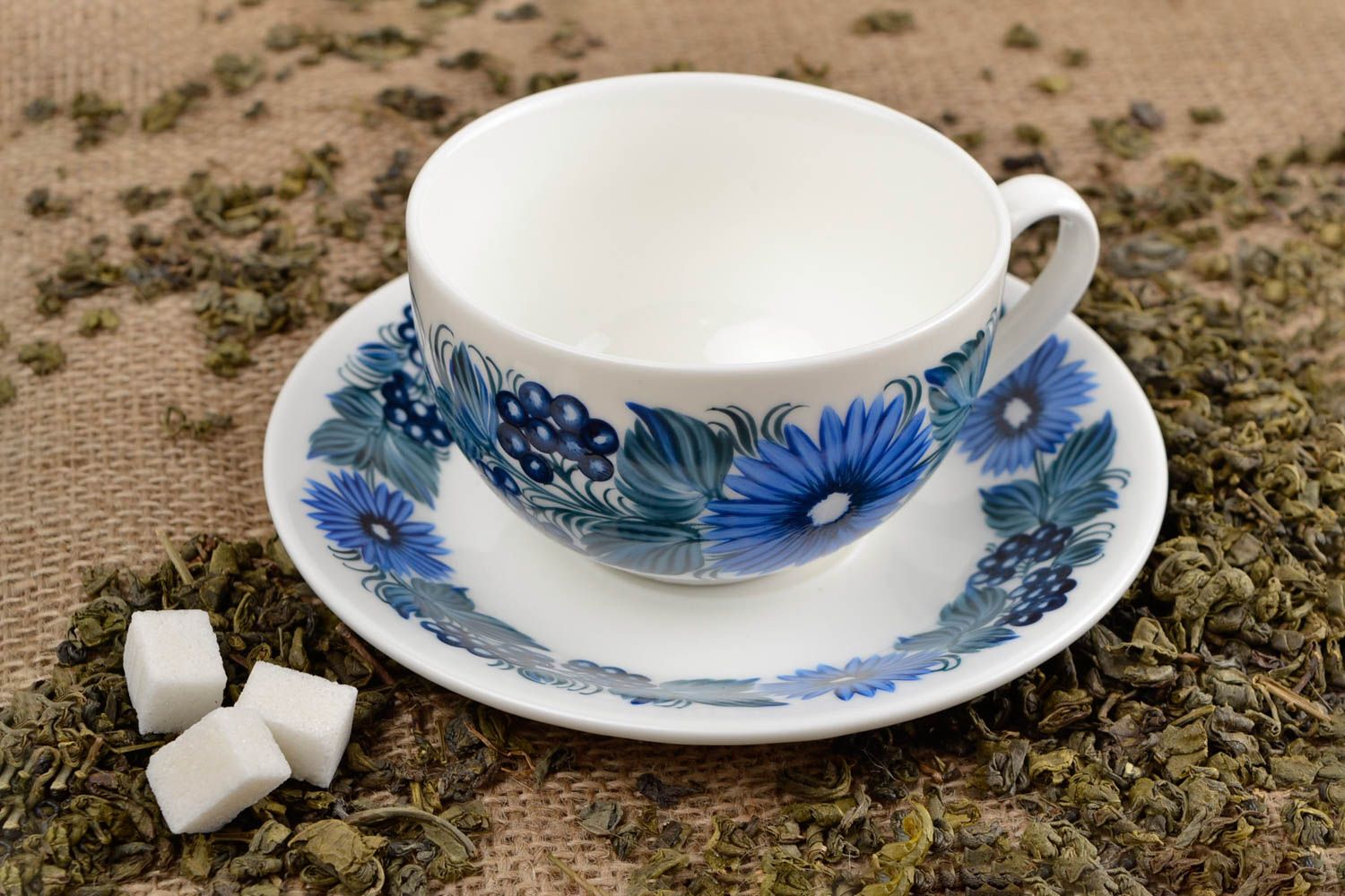 8 oz white and blue teacup in classic shape with handle and saucer photo 1