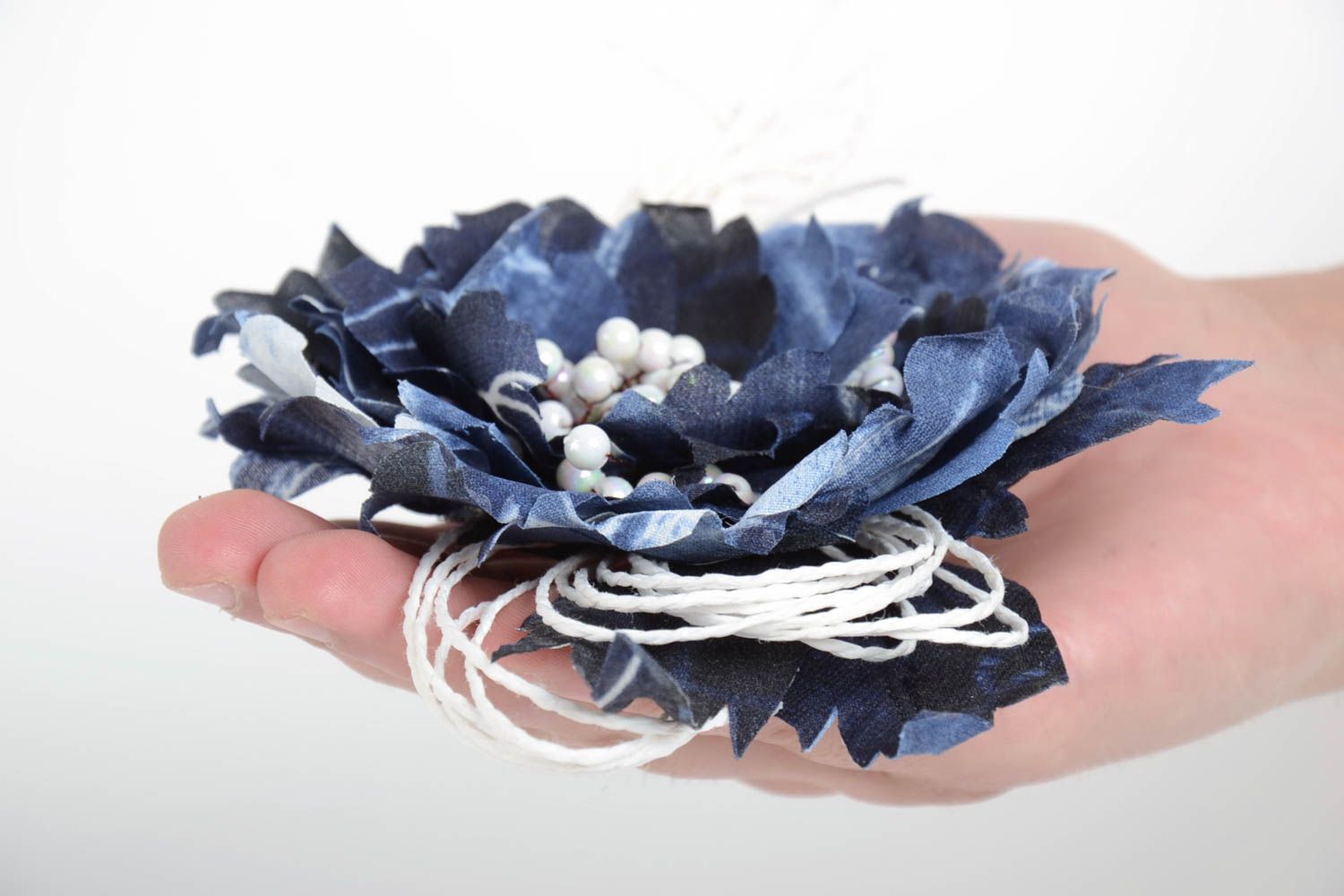 Handmade designer hair clip brooch with blue cotton flower with white cords photo 4