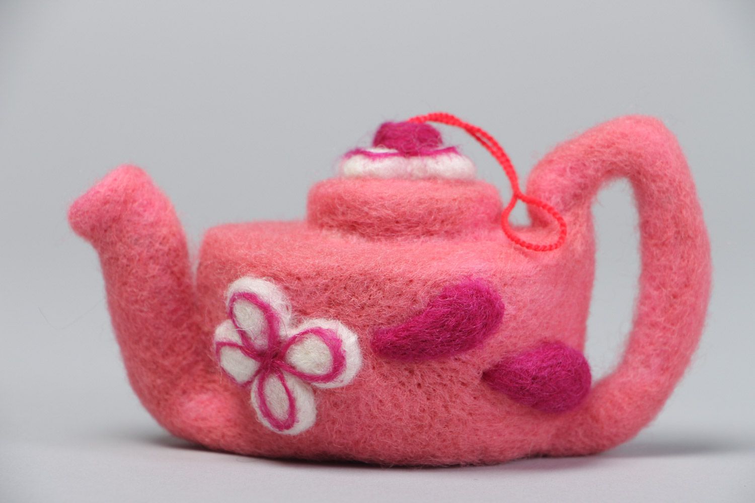 Handmade designer felted wool interior pendant toy teapot of pink color photo 2
