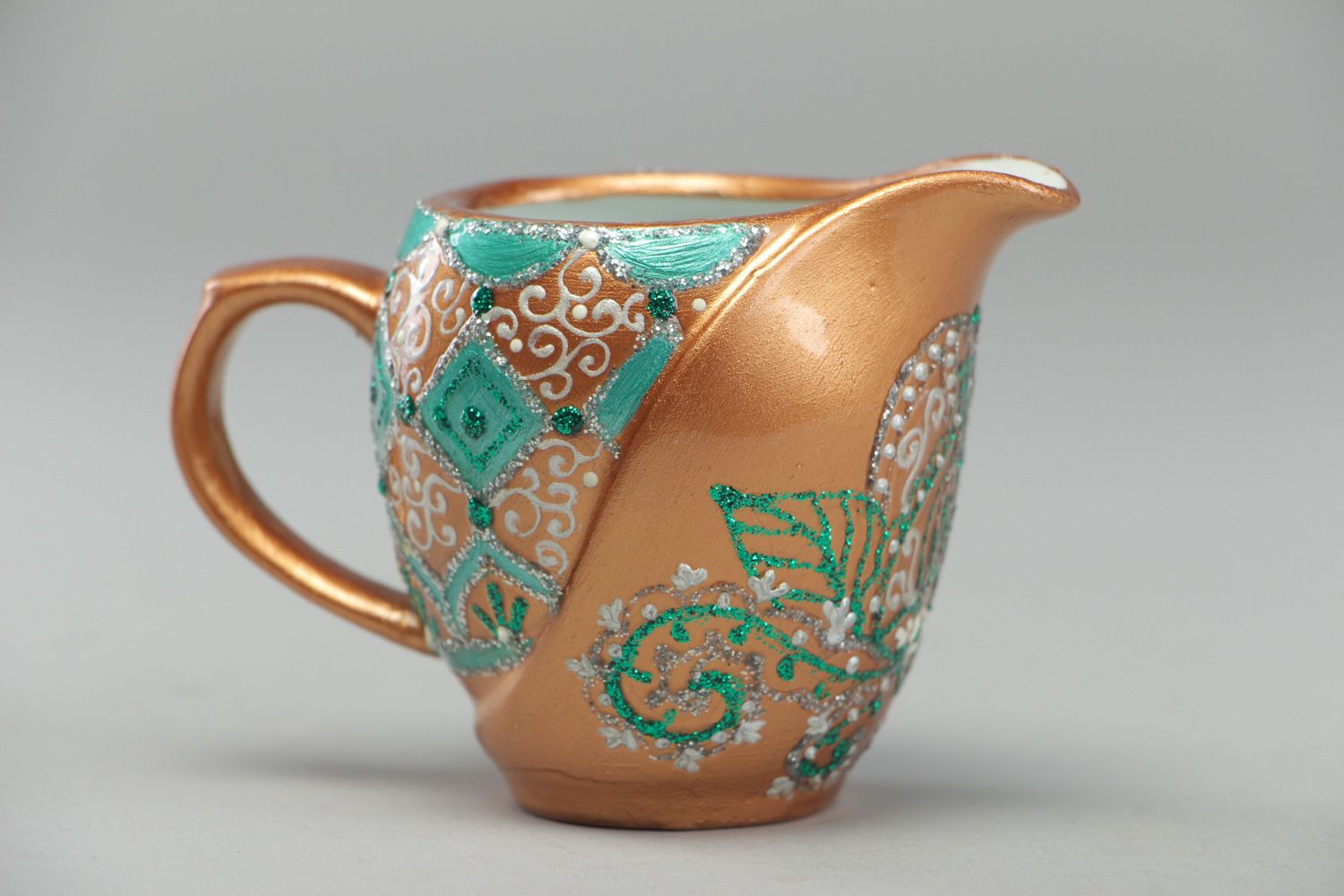 5 oz hand-painted creamer pitcher in gold and green colors 0,25 lb photo 1