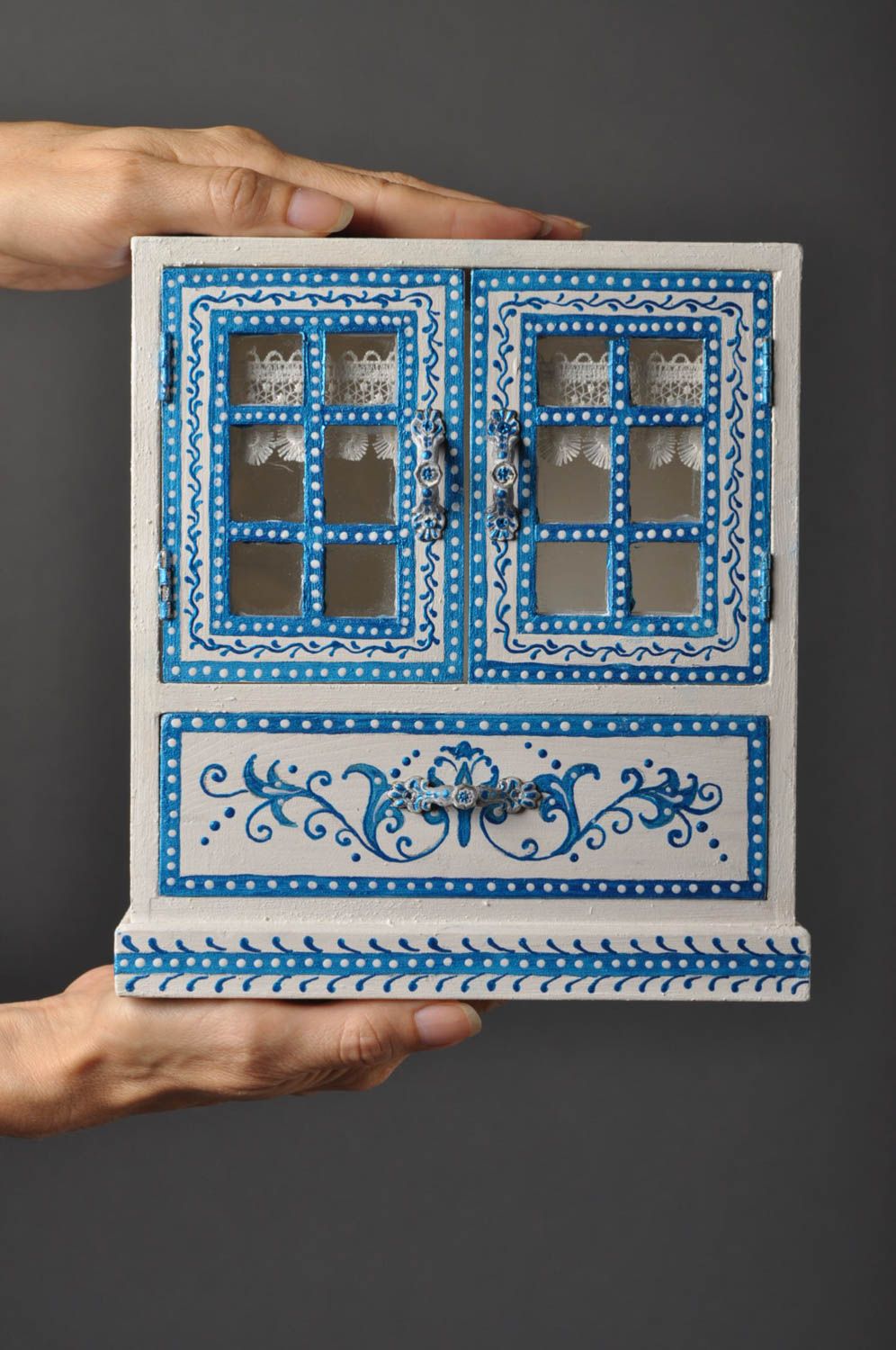Commode miniature fait main Coffret à bijoux en bois bleu blanc Cadeau femme photo 5
