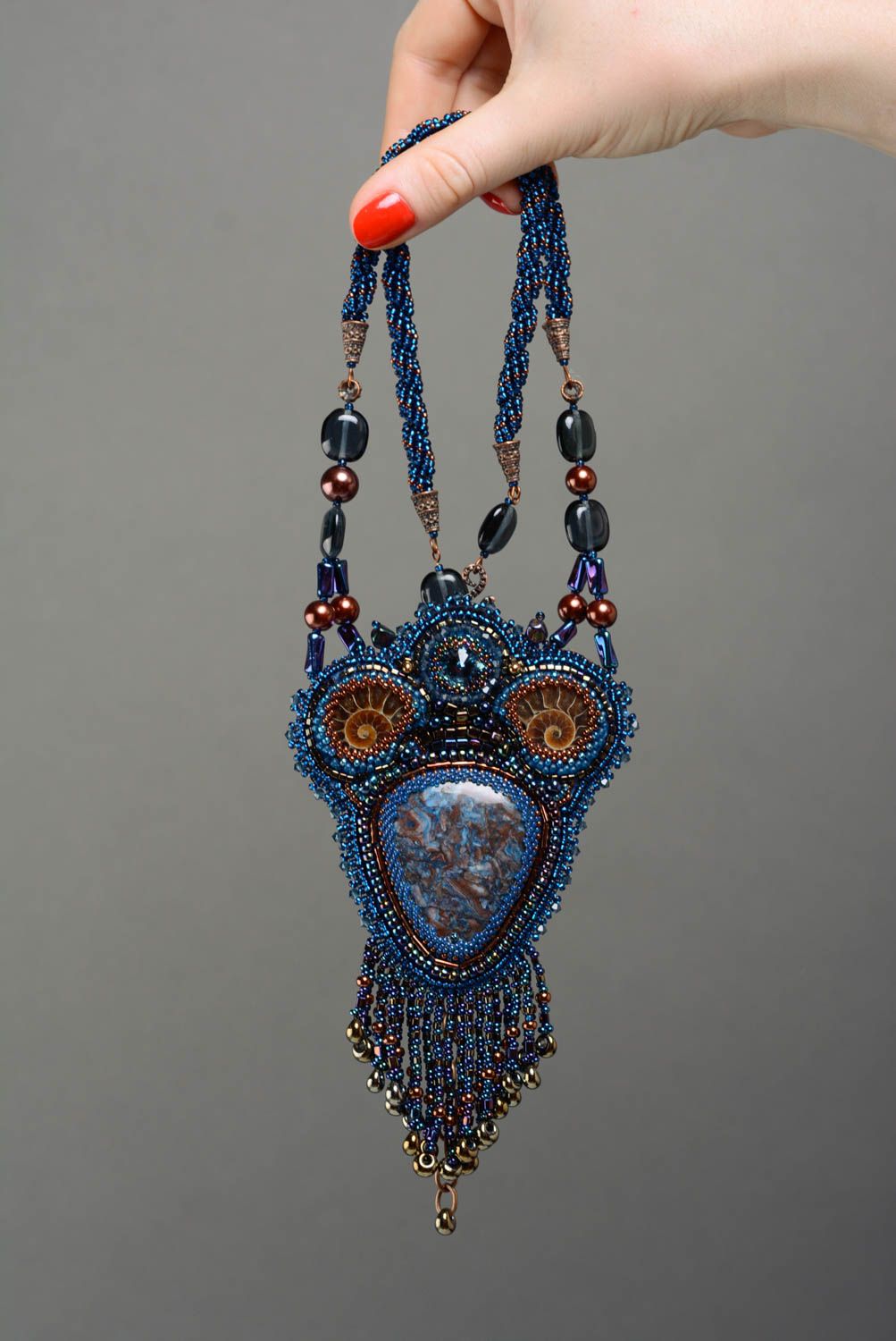 Big pendant with natural stone beads and ammonites handmade blue and brown photo 4