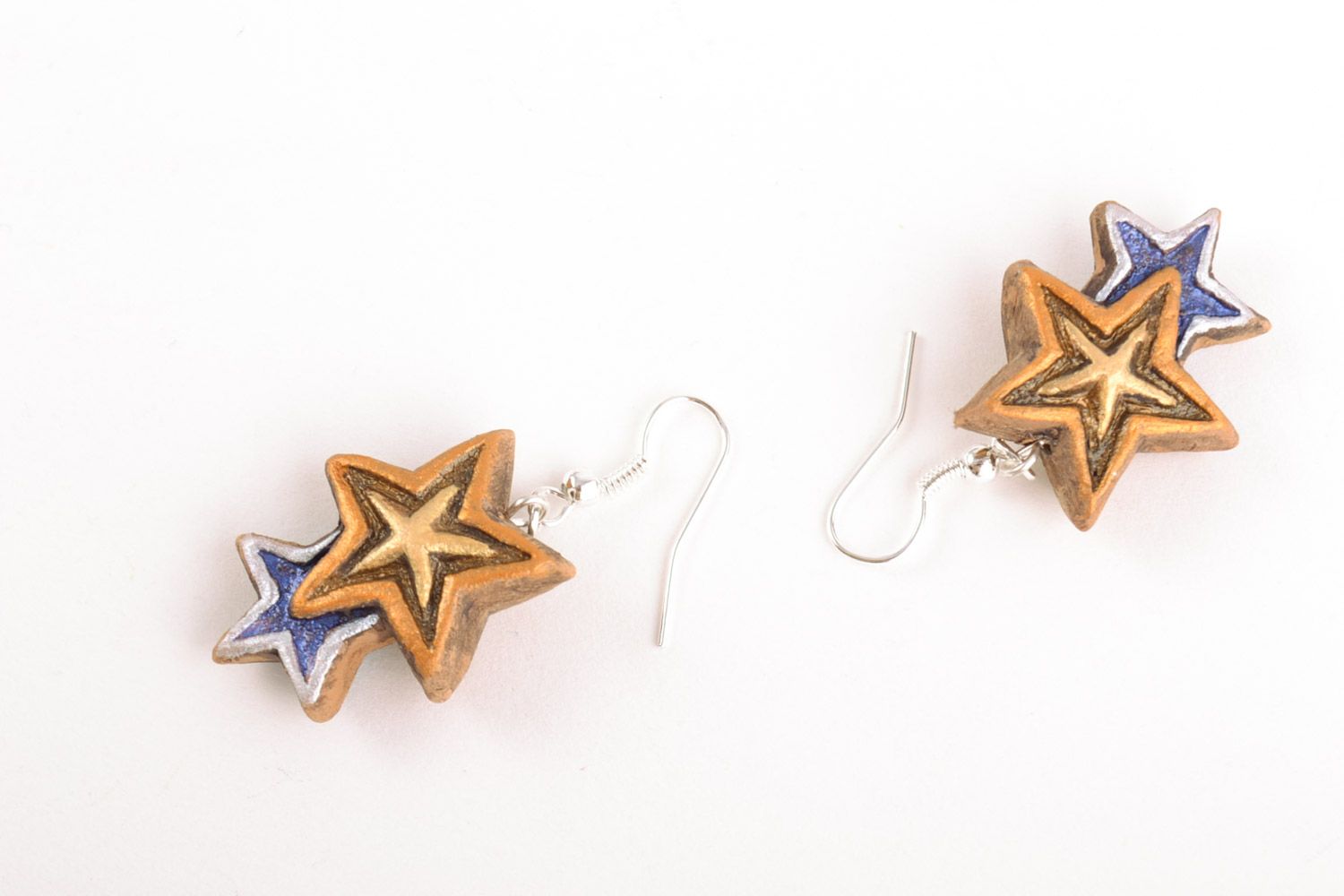 Handmade clay dangle earrings in the shape of stars with acrylic painting photo 4
