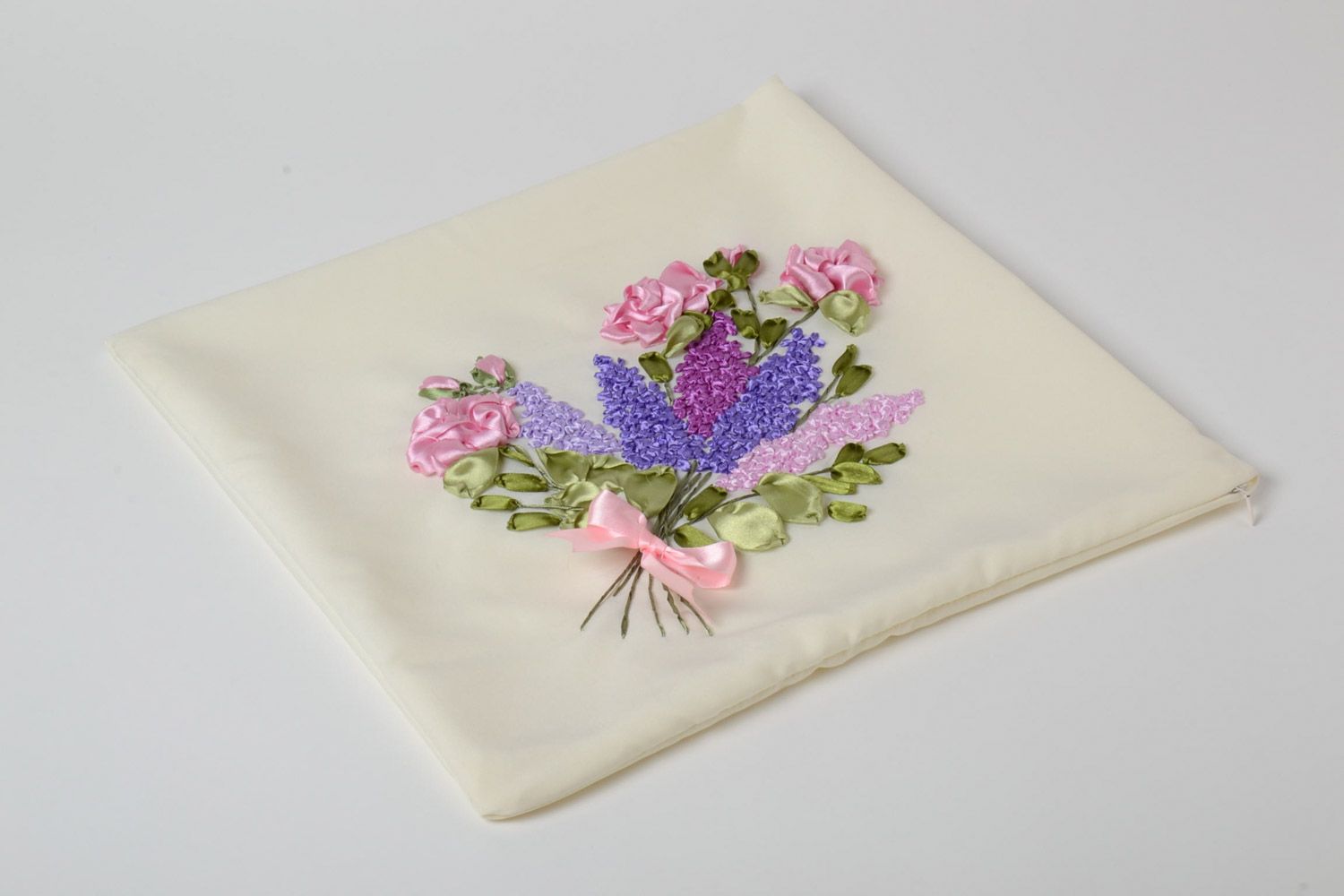 White handmade pillow case embroidered with volume satin ribbon flowers photo 2