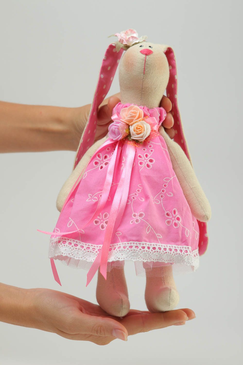Игрушка ручной работы игрушка зайка в розовом платье оригинальная игрушка  фото 5