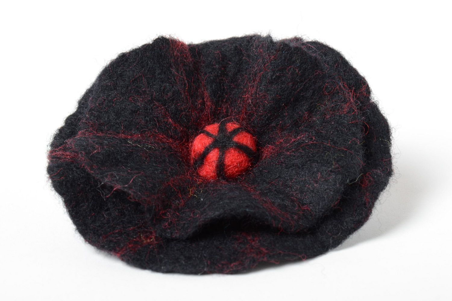 Handmade stylish brooch hair clip with large black flower felted of natural wool  photo 3