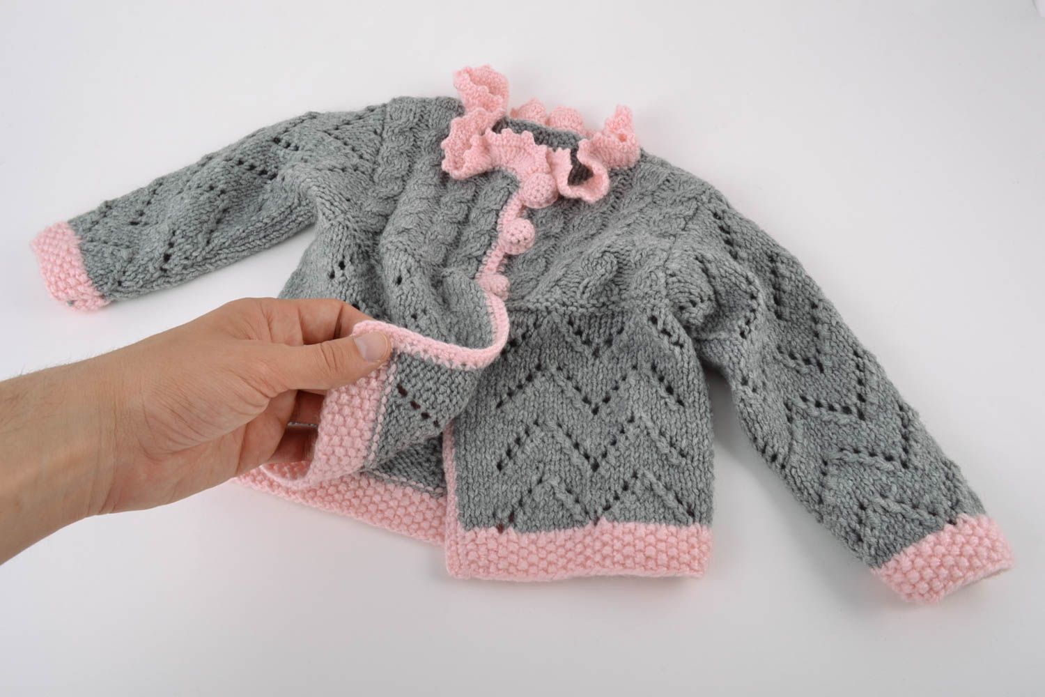 Handmade knitted wool coat for baby gray with pink elegant warm clothes for child photo 2