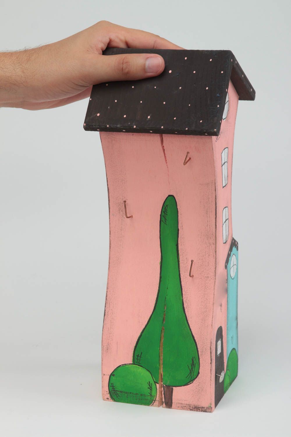 Maisonnette en bois fait main Petite statuette rose bleu design Déco intérieur photo 5