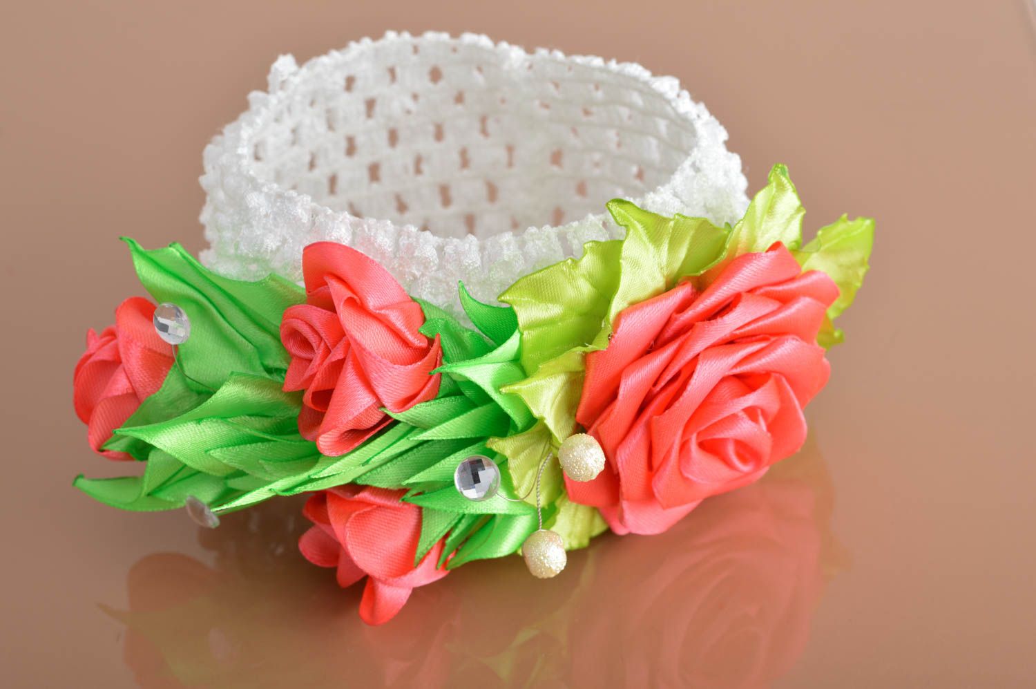 Children's handmade designer stretchy headband with satin flowers kanzashi photo 5