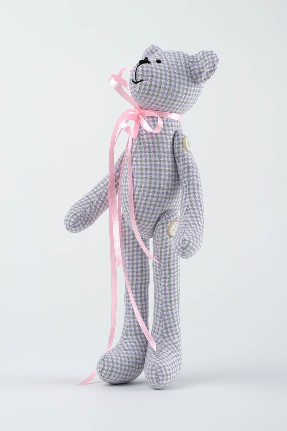 Jouet Ours en tissu de coton fait main à carreaux gris Cadeau pour enfant photo 4