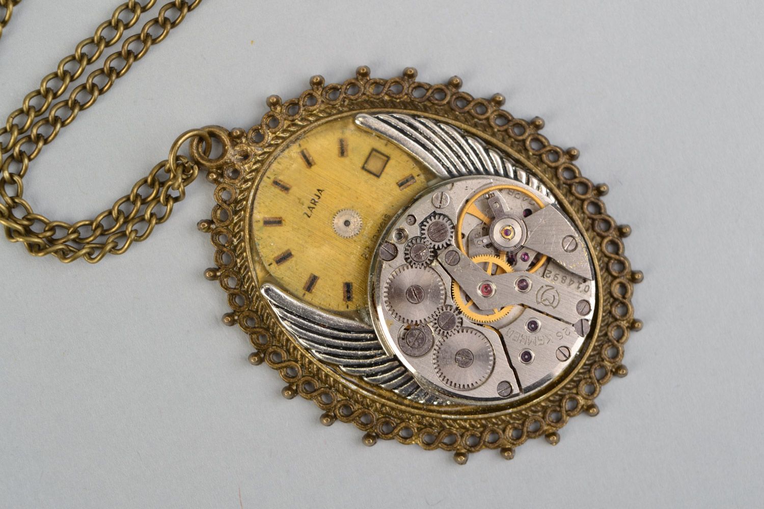 Handmade metal pendant with clock mechanism and long chain in steampunk style photo 4