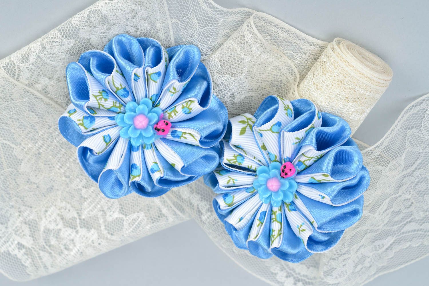 Handmade beautiful scrunchies with flowers made using kanzashi technique set of 2 pieces photo 1