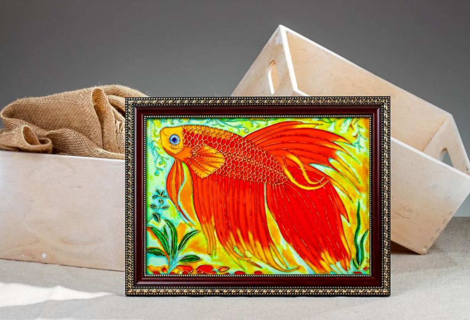 Stained glass picture Golden fish photo 1