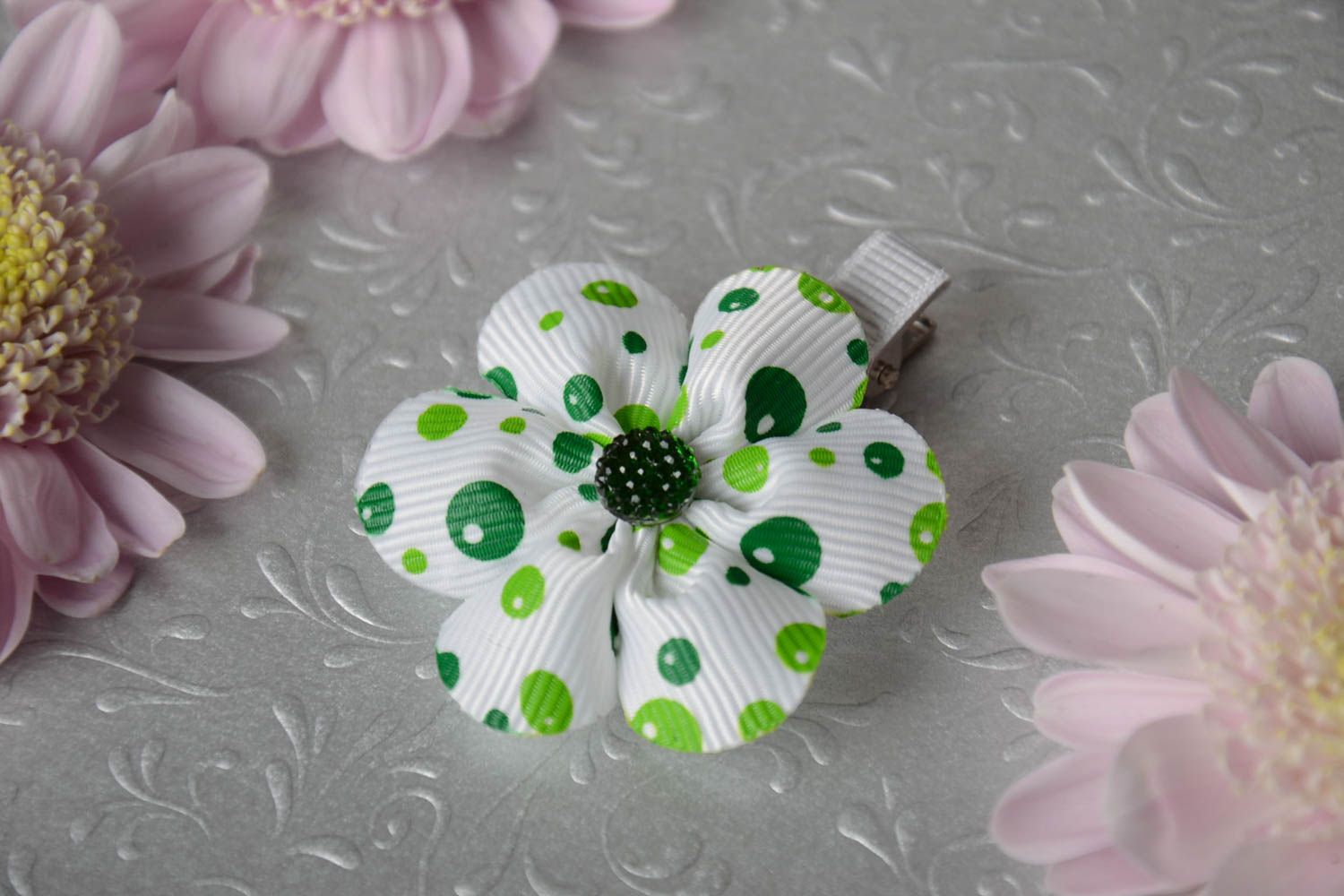 Homemade designer hair clip with white and green satin ribbon kanzashi flower photo 1