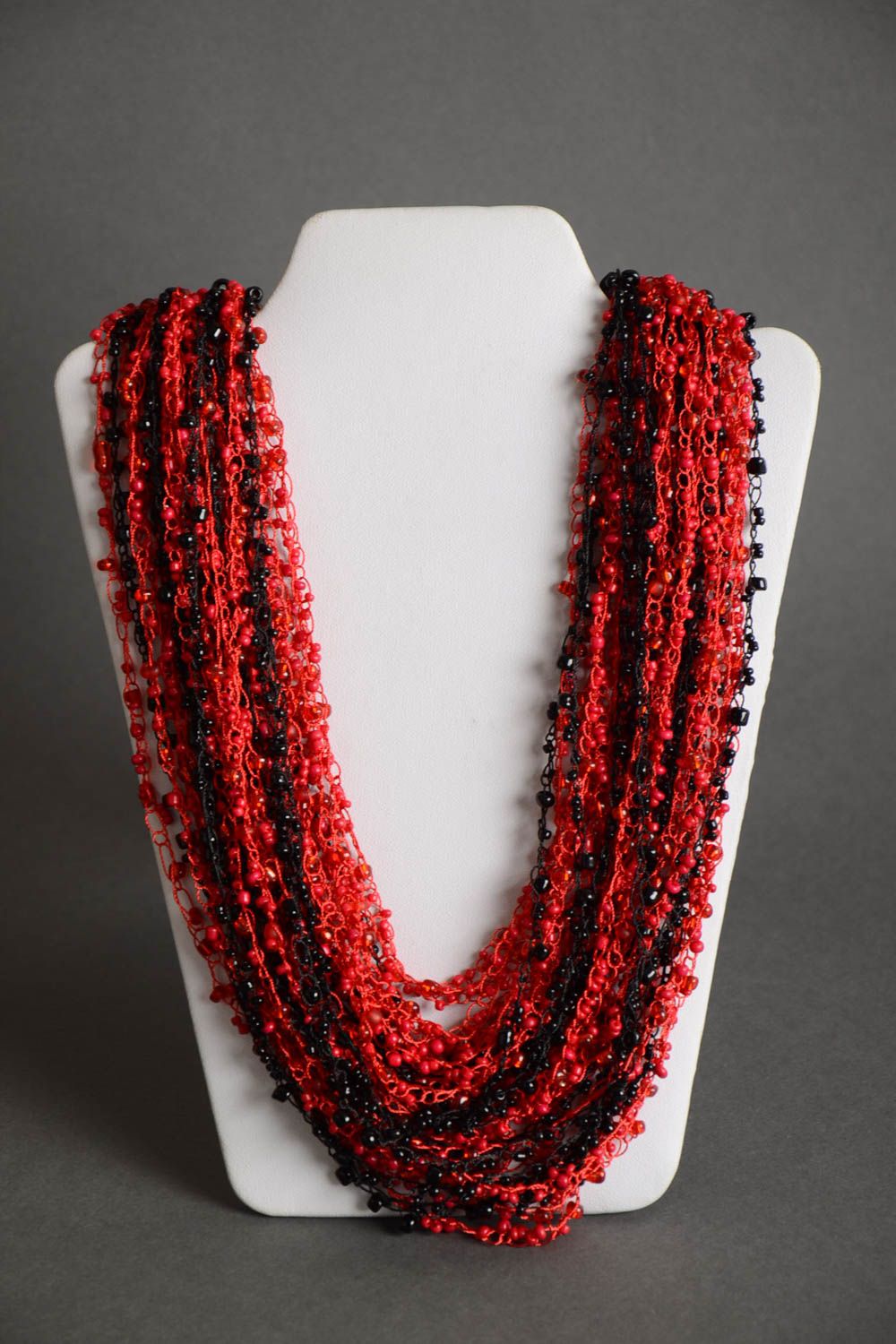 Handmade designer airy multi row necklace crocheted of red and black Czech beads photo 2