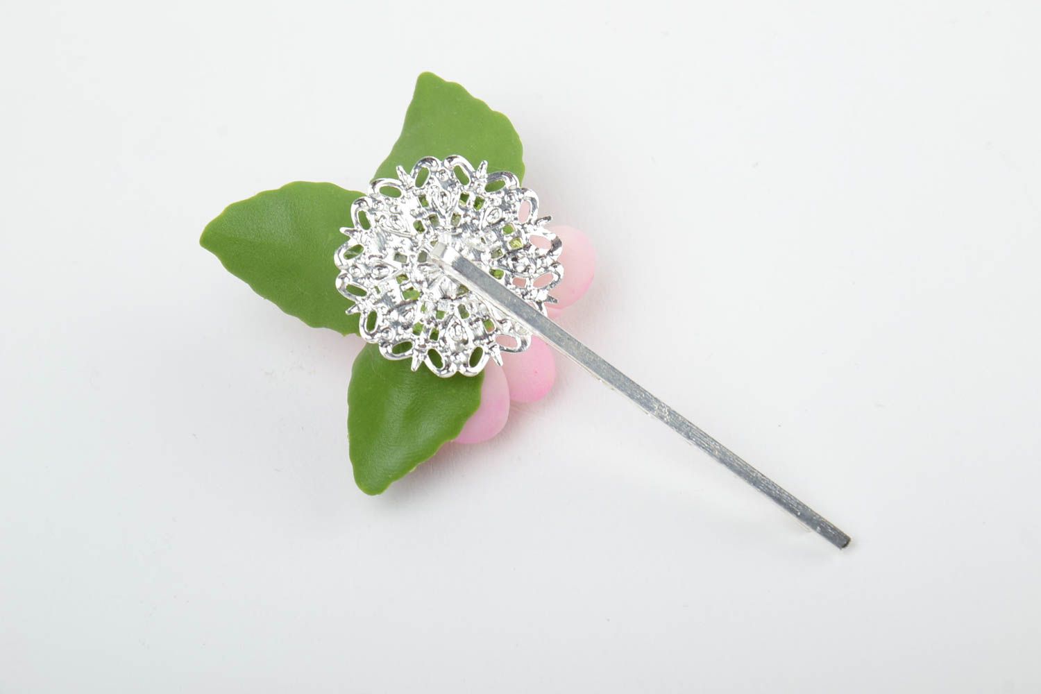 Handmade floral decorative metal hair pin with cold porcelain apple blossom  photo 5