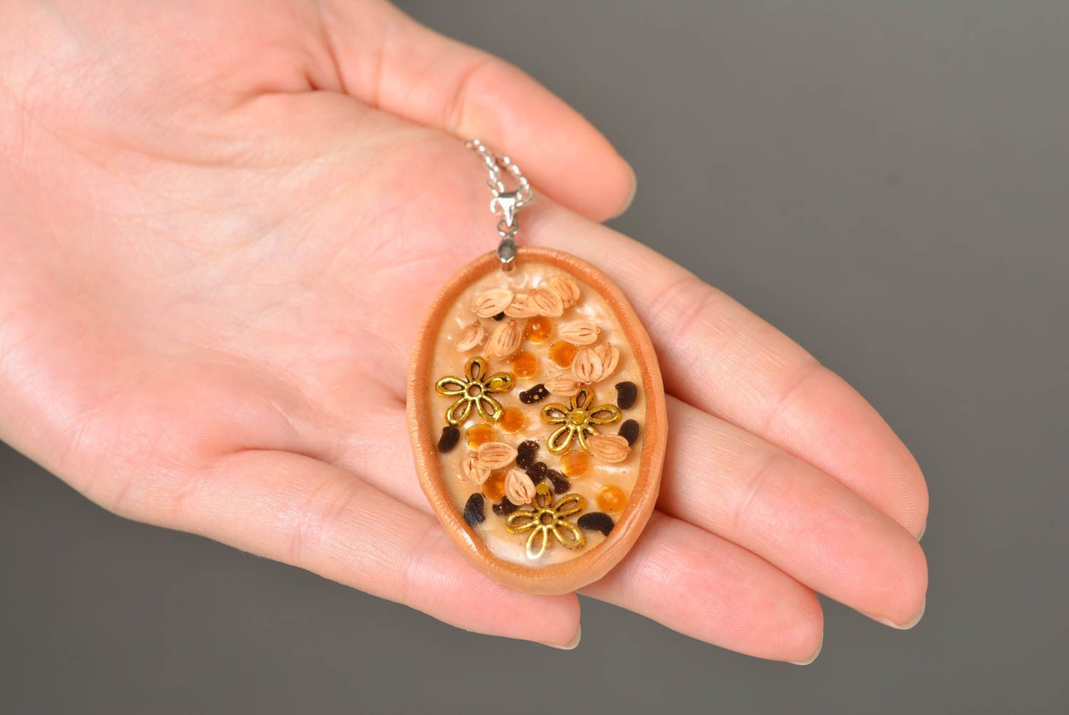 Handmade designer oval pendant on polymer clay basis with epoxy resin on chain photo 2