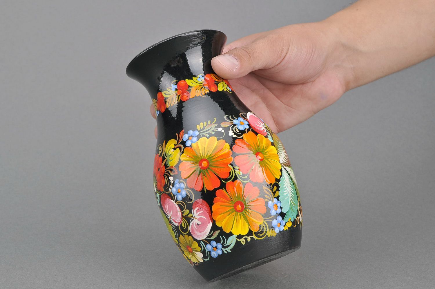 7 inches wooden vase in Russian floral hand-painted design 0,8 lb photo 5