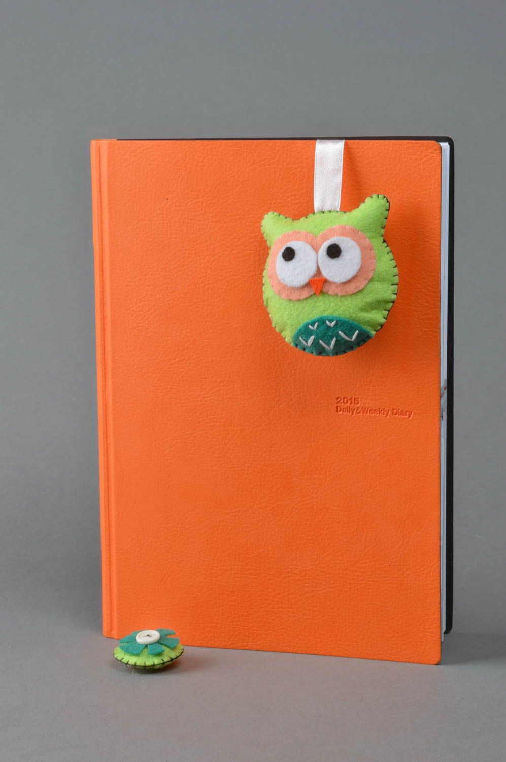 Handmade designer beautiful ribbon bookmark with small charm light green felt owl photo 2