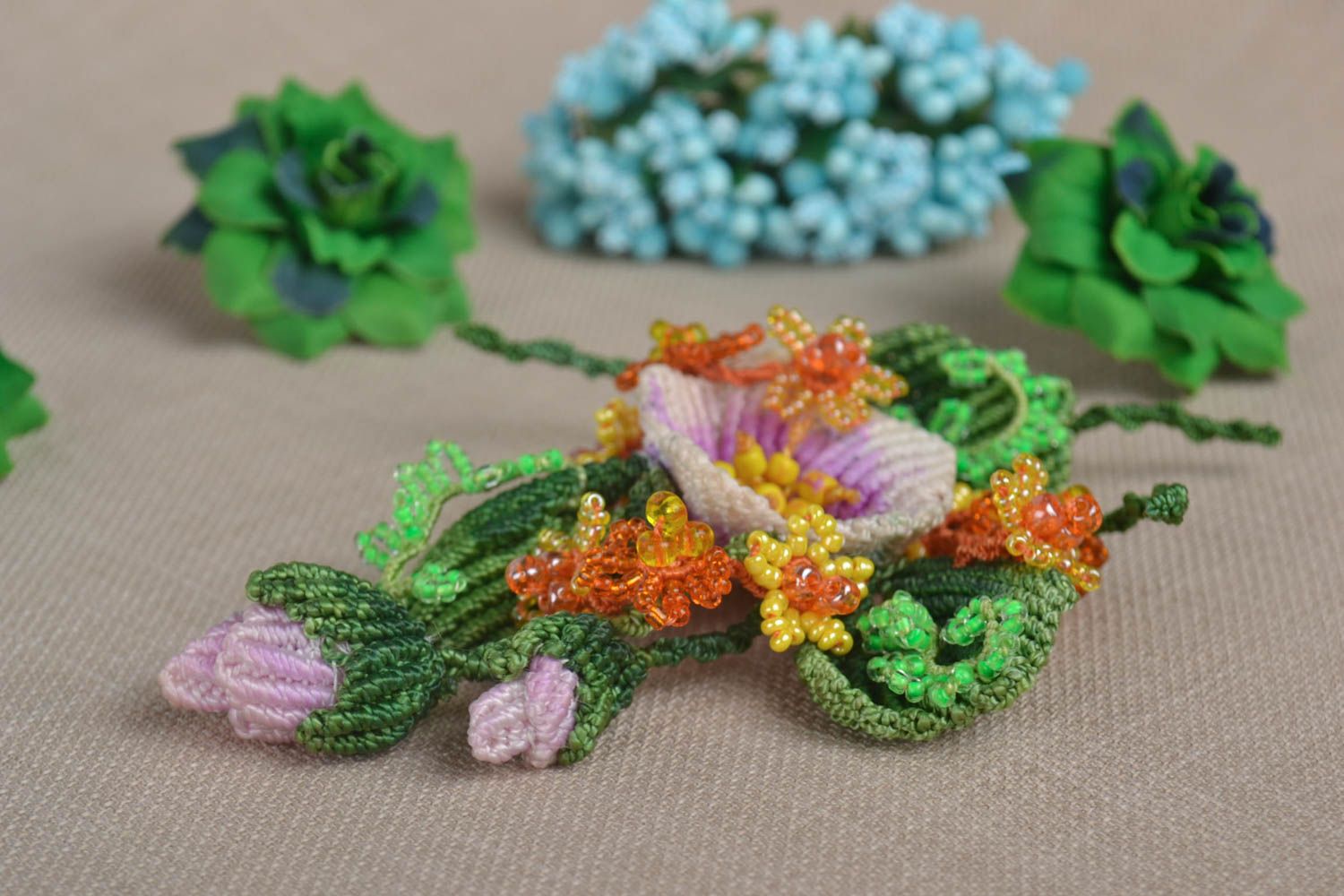 Handmade woven brooch macrame beaded brooch macrame accessories yarn jewelry photo 1